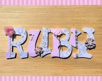 Decorative PInk and Gray wood letters for nursery name decor, personalized and embellished, baby shower gift for nursery wall decor