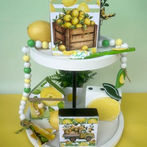 Lemon Summer Decorations, Lemon theme tiered tray decor, handmade lemon home decor, decorative lemon tray, lemon shelf decor