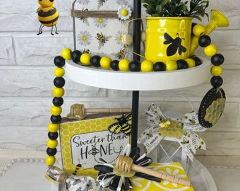 Bumble Bee themed handmade decor for a bee tiered tray or home decor, bee book stack, bee signs, bee lantern