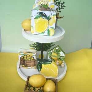 Lemon Summer Decorations, Lemon theme tiered tray decor, handmade lemon home decor, decorative lemon tray, lemon shelf decor