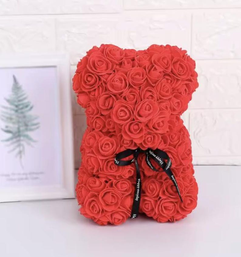 25 cm blommig nallebjörn, nallebjörn gjord av konstgjorda blommor i olika färger, söt presentidé till alla hjärtans dag Röd
