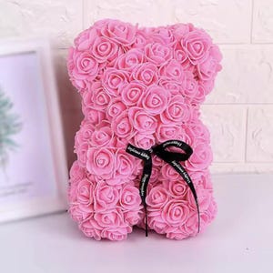 25 cm blommig nallebjörn, nallebjörn gjord av konstgjorda blommor i olika färger, söt presentidé till alla hjärtans dag Rosa
