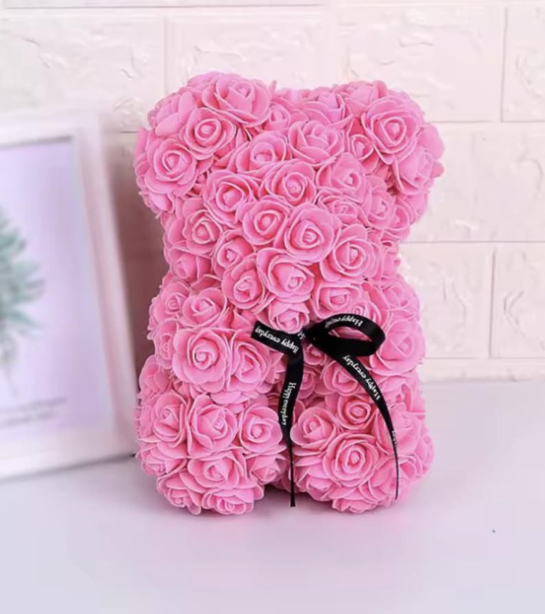 25 cm blommig nallebjörn, nallebjörn gjord av konstgjorda blommor i olika färger, söt presentidé till alla hjärtans dag Rosa