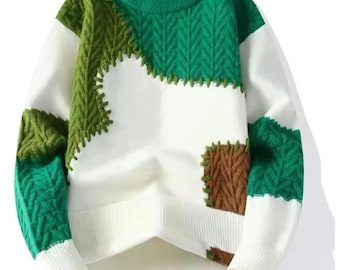 Unisex stickad tröja med patchwork-look i olika färger | bekväm för hösten