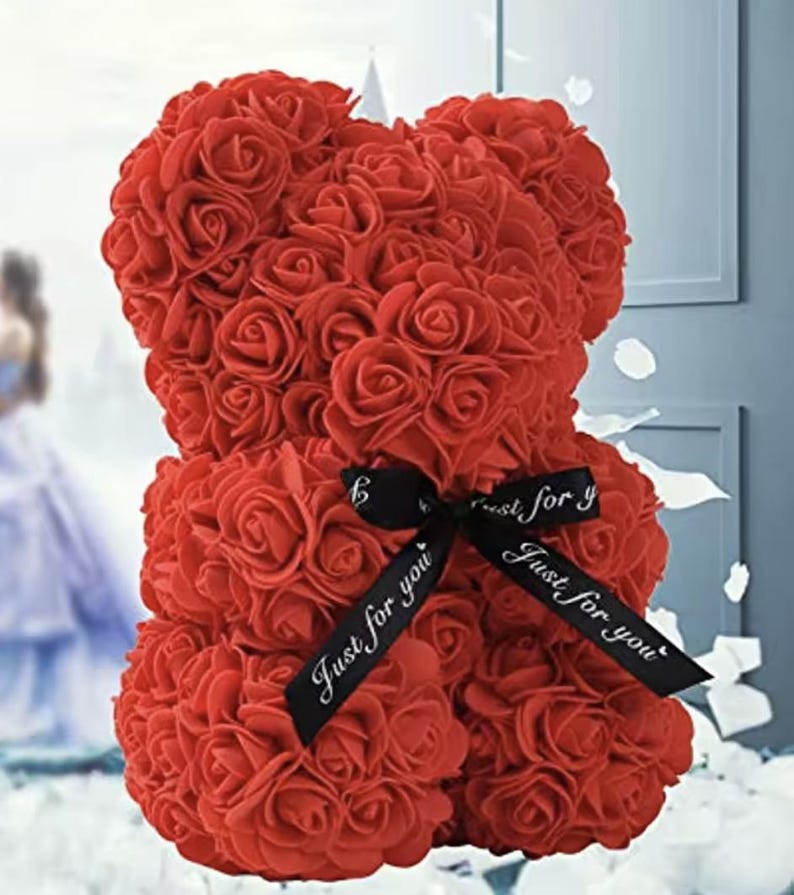 25 cm blommig nallebjörn, nallebjörn gjord av konstgjorda blommor i olika färger, söt presentidé till alla hjärtans dag bild 4