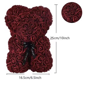 25 cm blommig nallebjörn, nallebjörn gjord av konstgjorda blommor i olika färger, söt presentidé till alla hjärtans dag Dunkelrot