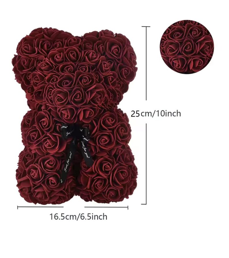 25 cm blommig nallebjörn, nallebjörn gjord av konstgjorda blommor i olika färger, söt presentidé till alla hjärtans dag Dunkelrot