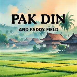 May include: An illustrated book cover titled "PAK DIN AND PADDY FIELD." The artwork depicts a serene landscape with rice paddies, traditional buildings, and palm trees under a colorful sky. The book's title is in bold black letters.