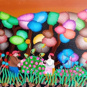 Oil painting on canvas naive landscape, original painting, handmade, naive characters, naive houses, naive scene.
