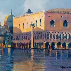 Pintura al óleo sobre cartón, Palacio Ducal de Venecia, cuadro original, hecho a mano, pintura.