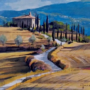 Pintura al óleo sobre cartón, pintura original, campiña toscana, hecha a mano, pintura, cipreses, campo de trigo, montañas, casas.
