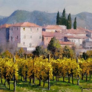 Pintura al óleo sobre cartón, pintura original, hecha a mano, pintura, pintura de la campiña toscana, casas, montañas, cipreses.