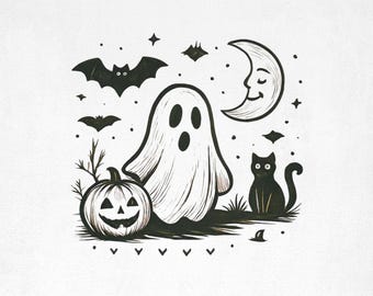 Puede incluir: Alfombra de baño rectangular blanca con un diseño de Halloween en blanco y negro. El diseño incluye un fantasma, una calabaza, murciélagos, una luna creciente con una cara y un gato negro. La alfombra es adecuada para un baño.