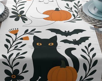 Camino de mesa de Halloween con gatos, decoración espeluznante, camino de mesa de Halloween, camino de mesa de otoño, mantel de Halloween, camino de mesa de otoño, holi