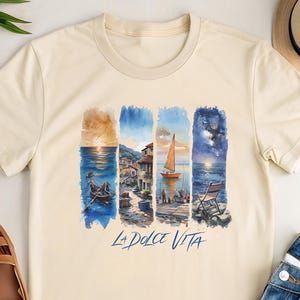 Italian Shirt, La Dolce Vita Tee, Italian coast graphic tee, Painted brushstroke design shirt, Italy travel fashion, Coastal vibes T-shirt