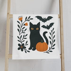 Halloween Cat Hand Towel, Cozy Kitchen Decor, Autumn Kitchen Towel, Gift for Cat Lovers, Holiday Hand Towels