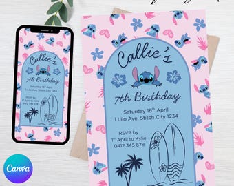 Faire-part d'anniversaire modifiable Lilo et Stitch - modèle toile - téléchargement numérique - fête d'anniversaire pour enfants - fête d'anniversaire Disney