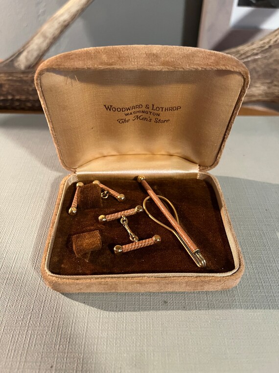 Gold Filled and Leather Tie Clip and Cufflink Set