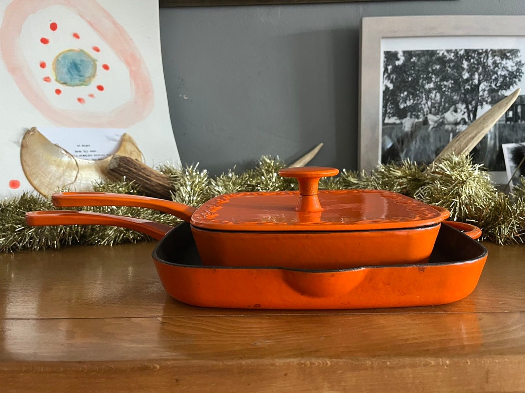 Technique 8 Square Cast Iron Skillet & Lid and Grill Pan Bright Orange  Enameled