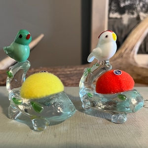 Two Vintage Handblown Glass Bird Pin Cushions