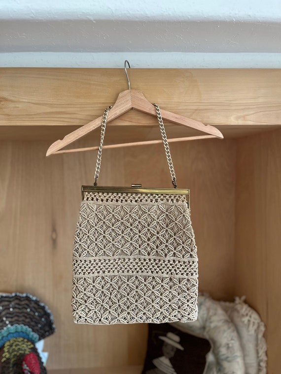 Vtg Beige Crochet/Macrame Purse