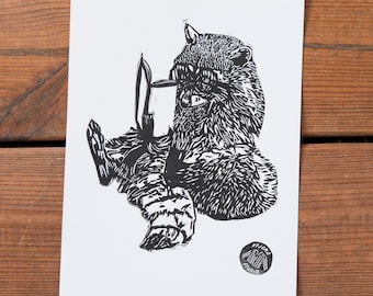 Linoleografia A5 "Lettore di procioni" – Stampa in bianco e nero fatta a mano – Carta naturale 180 g – Prodotto in Francia