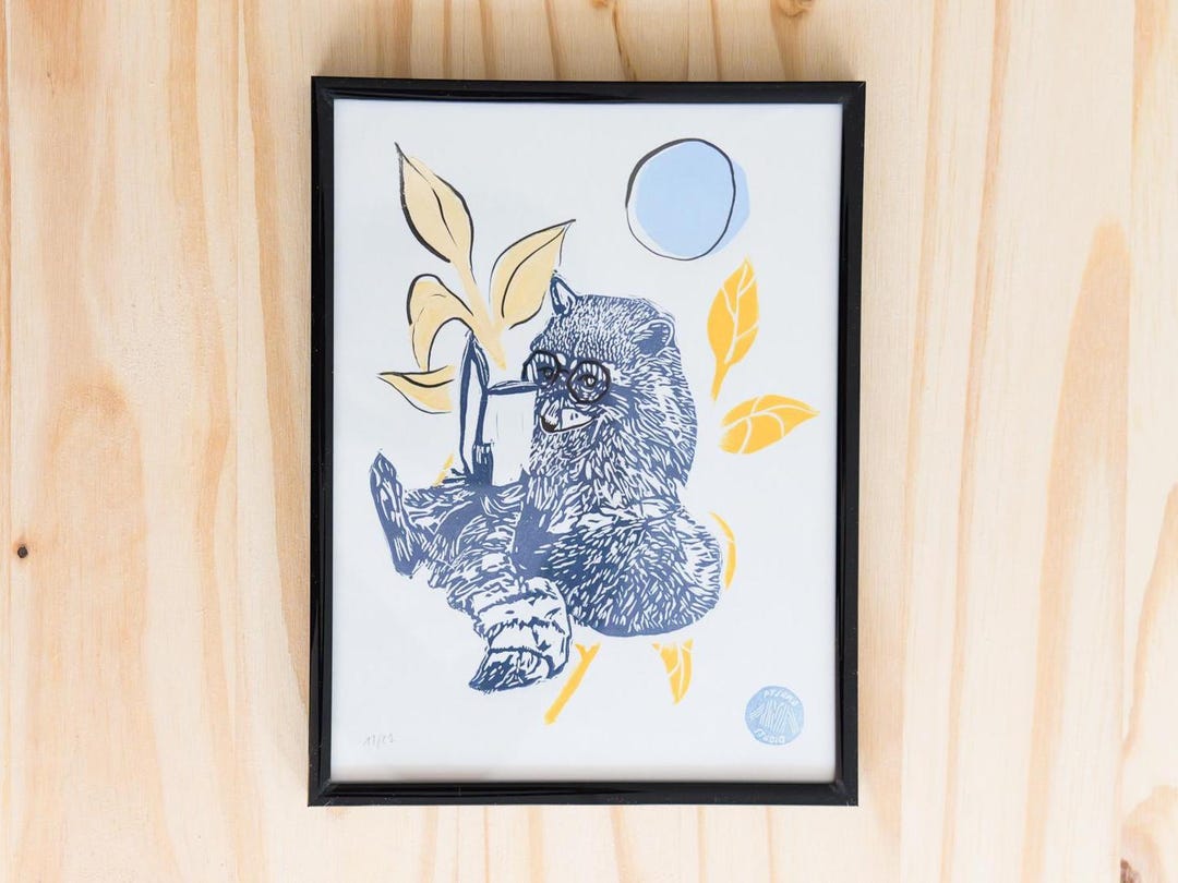 Multicolored Linocut – Raccoon Reading Among the Plants (limited ...