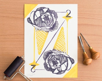 Stampa su linoleum, cono gelato in stile cartolina