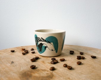 Handcrafted ceramic green fish mug for coffee or tea, handleless - carp astrological animal design, handmade screen-printed