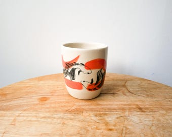 Handmade ceramic mug with orange fish design for coffee or tea - carp, astrological sign, animal, handmade, screen-printed