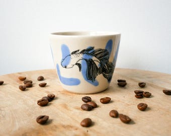 Handcrafted ceramic blue fish mug for coffee or tea, handleless - carp astrological animal design, handmade screen-printed