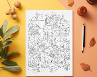 Poster da colorare per la cucina in formato A3 – Pagina da colorare originale – Carta riciclata – Cucina in città – Poster da colorare