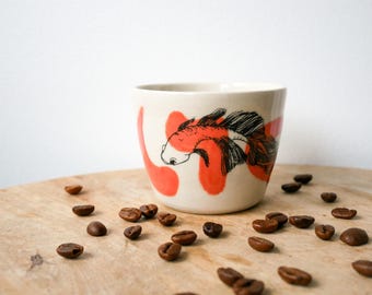 Handcrafted ceramic orange fish mug for coffee or tea, handleless - carp astrological animal design, handmade screen-printed