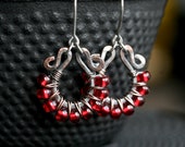Red beaded copper earrings, Czech glass beads, dark oxidized copper, wire wrapped earrings, beaded dangle earrings, Mimi Michele Jewelry