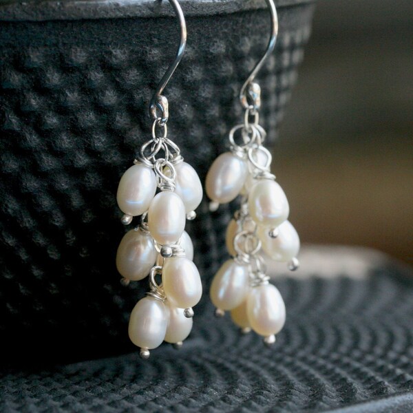 Freshwater pearl cluster earrings, white freshwater pearls, sterling silver, wire wrapped, dangle, drop, Mimi Michele Jewelry