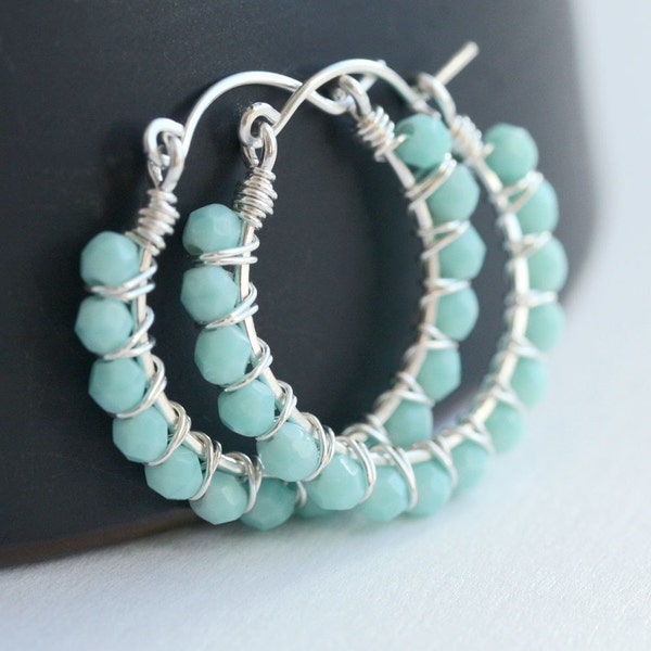 Handmade earrings, hoops, Czech glass, turquoise, sterling silver, wire wrapped, beaded