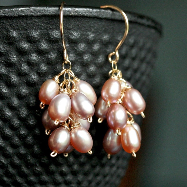 Handmade pearl earrings, pink freshwater pearl, cluster earrings, 14k gold filled, bridal, wire wrapped, Mimi Michele Jewelry