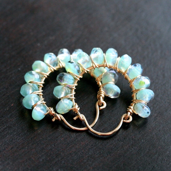 Handmade wire wrapped hoops, sea foam green, Czech glass, 14k gold filled earrings, hoop earrings, beaded hoops, aqua, teal