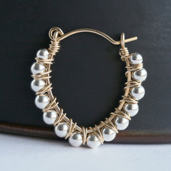 Handmade beaded hoop earrings, sterling silver and 14k gold filled, wire wrapped, mixed metal, Mimi Michele Jewelry