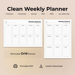Digital weekly planner, Grid weekly planner, Minimalist, Printable, Clean, Elegant, Basic, A4, Letter size, Undated weekly planner, weekly