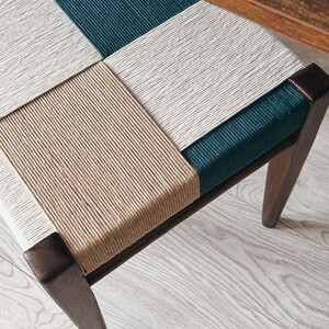 Handwoven Accent Side Table – Oak Brown Frame with White, Beige & Sea Blue Seat | Chair, Nightstand or Decor Piece
