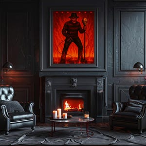 May include: A framed artwork of a horror movie character in a red and black striped sweater, holding a skull-topped staff, set against a fiery background. The artwork hangs above a fireplace with lit candles and two black leather armchairs.