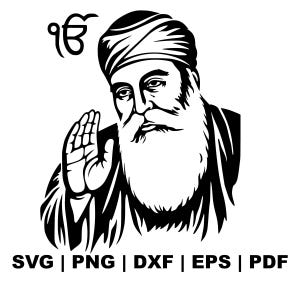 Könnte beinhalten: Schwarz-Weiß-Illustration einer religiösen Figur mit langem weißem Bart und Turban, die eine Hand hebt. Das Bild enthält den Text "SVG | PNG | DXF | EPS | PDF".