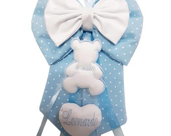 Fiocco Nascita bimbo azzurro con orsetto e Nome Personalizzato Ricamato Made in Italy