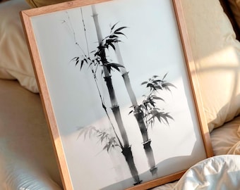 Arte de parede de bambu japonesa para impressão | Pintura Zen Sumi-e a tinta | Download digital de decoração asiática minimalista