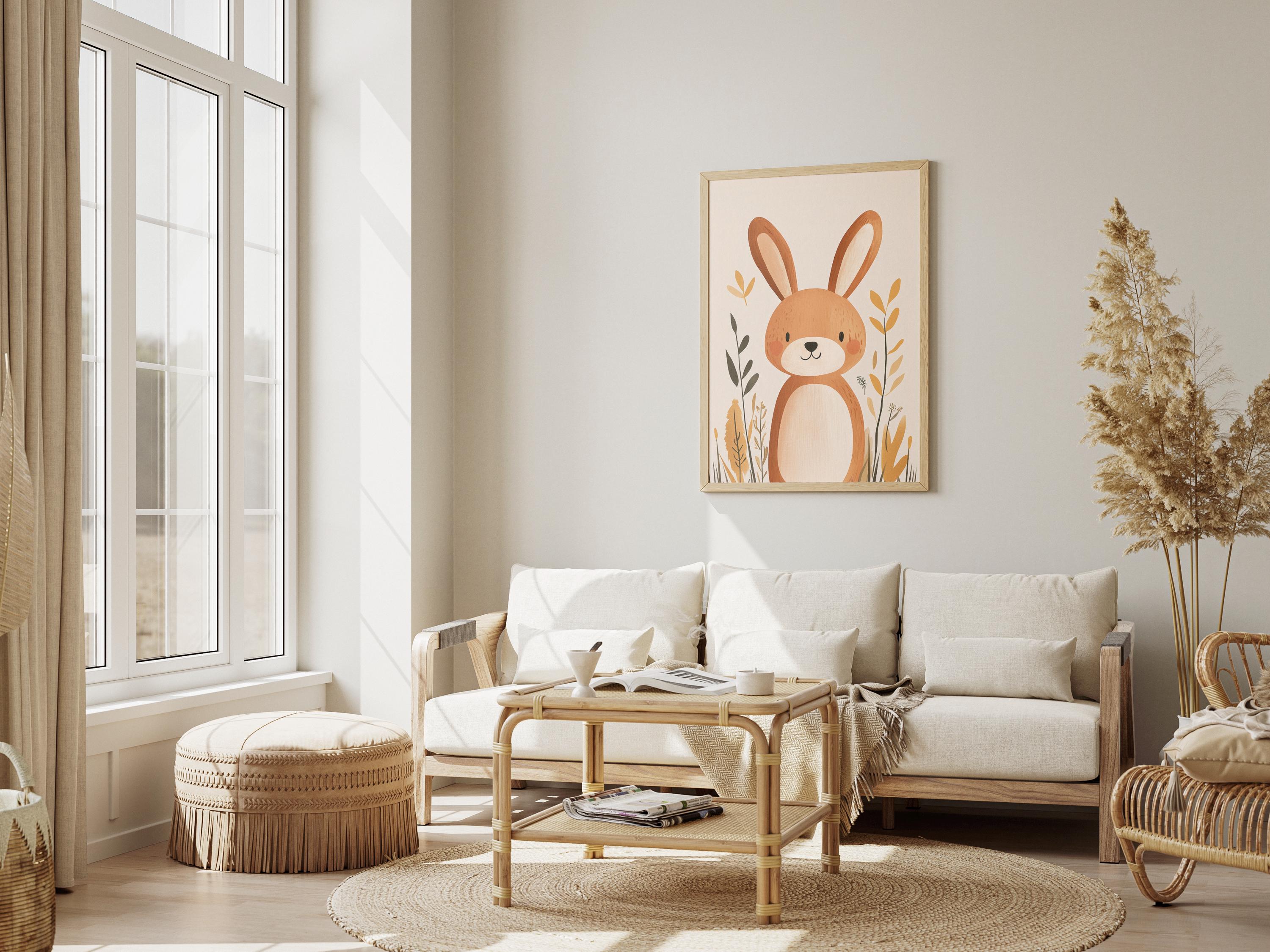 Cute Neutral Rabbit Cute Bunny Wall Art Print for Kids, Woodland Animal Nursery Poster ...
