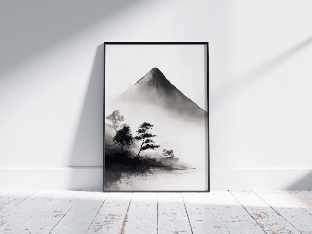Sumi-e Ink Wash Mountain Poster, Minimalist Japanese Landscape Wall Art ...