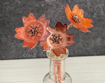 Boho Home Decor, Spring Decor, Enamel Flower, Vintage Bottle, Housewarming Gift, Hostess Gift