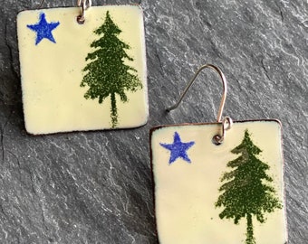 Maine Flag, Pine Tree Earrings, Maine Gifts, Maine Jewelry, Handmade Enamel Jewelry