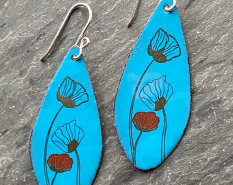 Poppy Earrings, Blue Teardrop Earrings, Blue Floral Earrings, Blue Enamel Earrings, Poppy Jewelry, Handmade Enamel Jewelry, Made in Maine